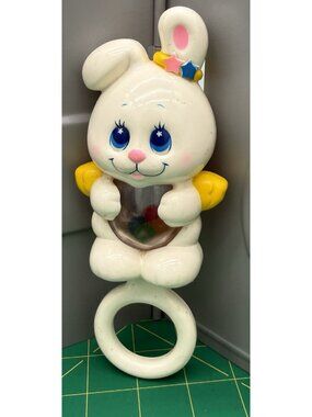 1984 Vintage White Angel Bunny Rabbit Baby Rattle Toy 7" Mattel
